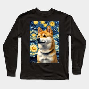 Shiba Inu Dog Breed Painting in a Van Gogh Starry Night Art Style Long Sleeve T-Shirt